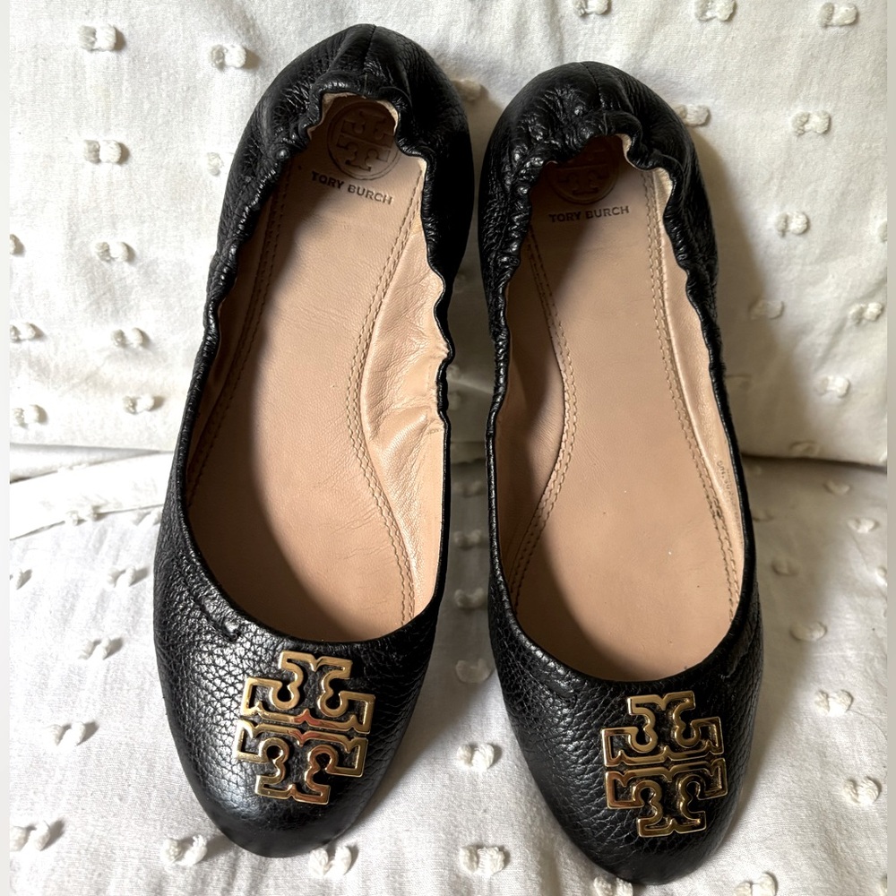 Tory Burch Black Leather Reva Ballet Flats with Gold Logo
